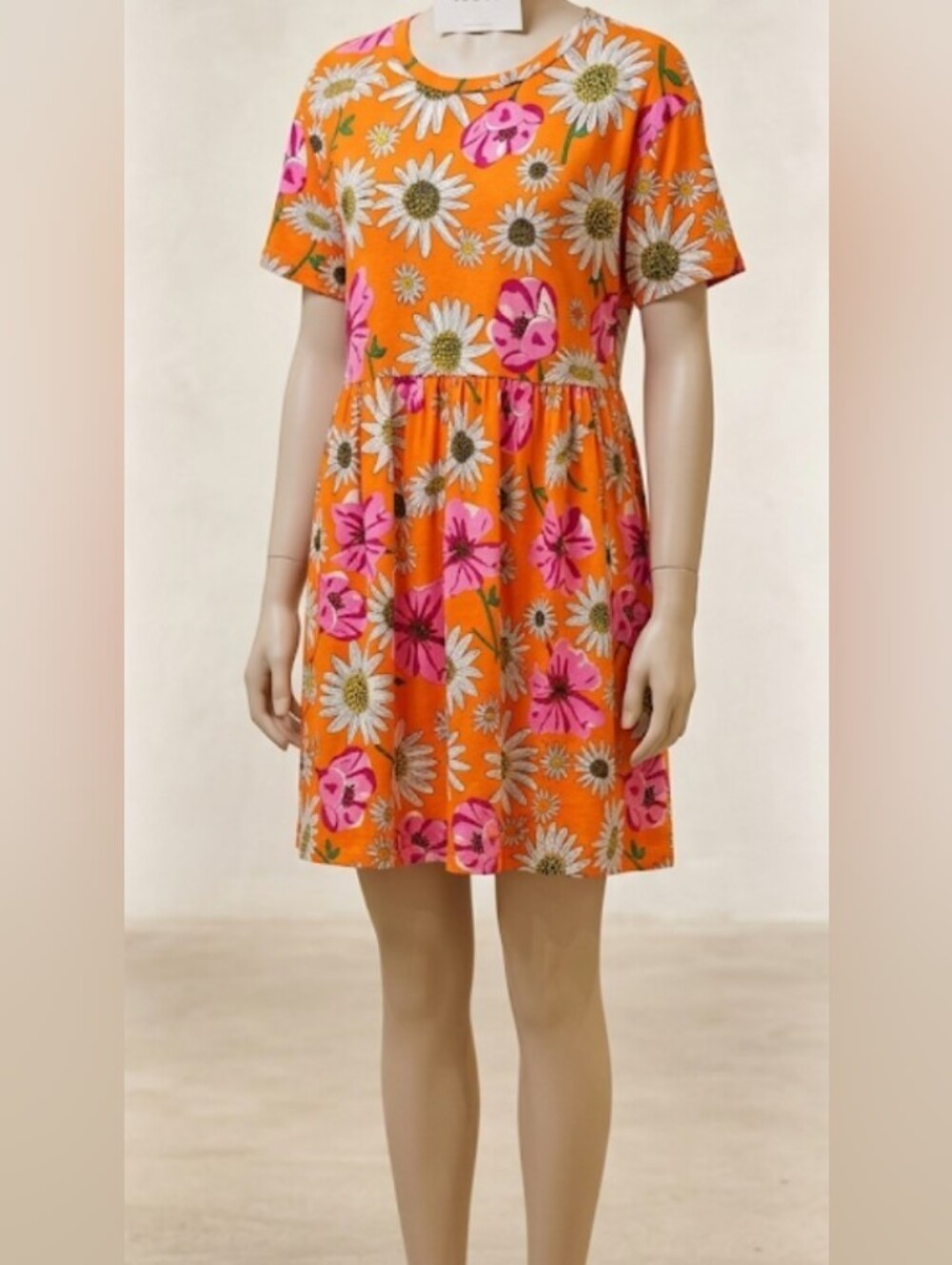 Zara Orange Floral Midi Dress with Pink & White Blooms